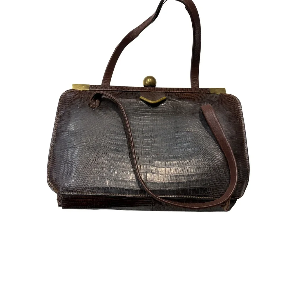 Vintage Brown Lizard Skin Embossed Handbag Kiss Lock Frame Bag Mid Century